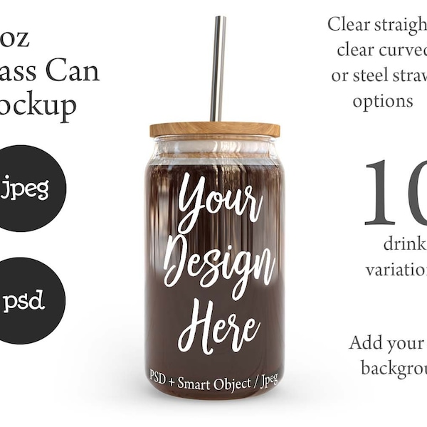 Dye sublimation 16oz soda can glass with bamboo lid and vaious straws mockup with transparent background option DIGITAL DOWNLOAD