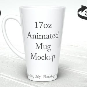 May include: White ceramic 17oz animated mug mockup. The mug is on a white wooden surface.