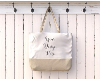 Beige Canvas Tote Bag Mockup: Farmhouse Style Hanging Bag (Digital Download)