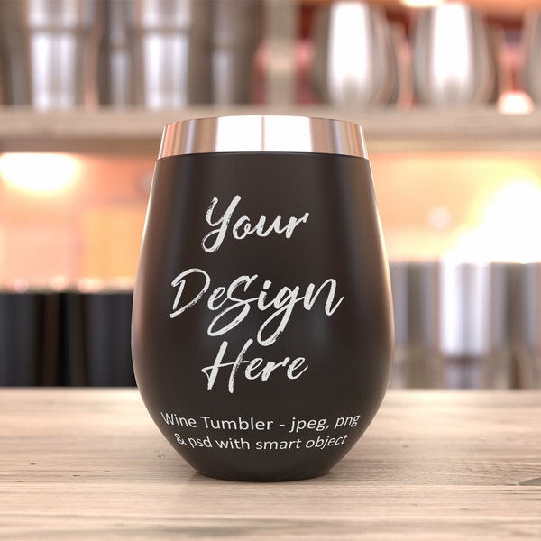 Black Wine Tumbler Mockup: Stemless Glass Template (Digital Download)