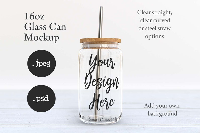 Dye sublimation 16oz clear soda can glass with bamboo lid and vaious straws mockup with transparent background option DIGITAL DOWNLOAD image 2