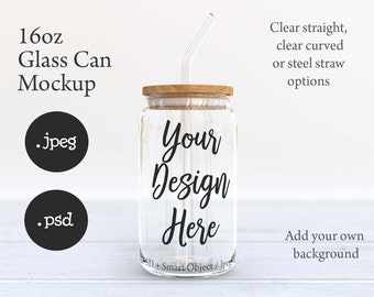 Dye sublimation 16oz clear soda can glass with bamboo lid and vaious straws mockup with transparent background option DIGITAL DOWNLOAD