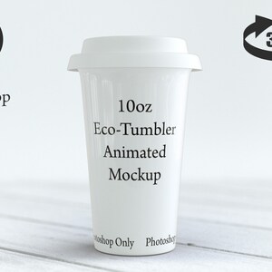 May include: White 10oz Eco-Tumbler animated mockup. The tumbler is on a white wooden surface.  Photoshop only.