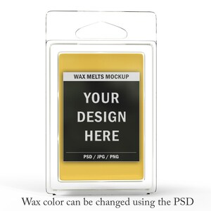 May include: A clear plastic package containing a yellow wax melt. The label reads "WAX MELTS MOCKUP" and "YOUR DESIGN HERE". The bottom of the label says "PSD / JPG / PNG". The text "Wax color can be changed using the PSD" is at the bottom.
