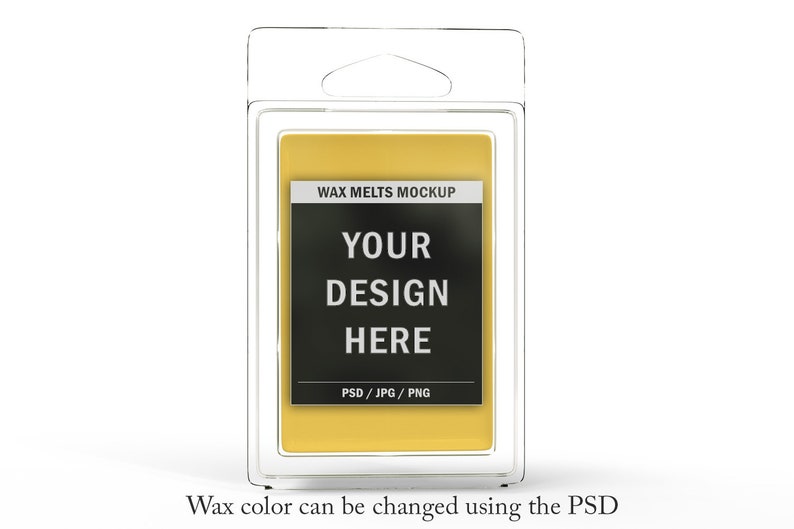 May include: A clear plastic package containing a yellow wax melt. The label reads "WAX MELTS MOCKUP" and "YOUR DESIGN HERE". The bottom of the label says "PSD / JPG / PNG". The text "Wax color can be changed using the PSD" is at the bottom.