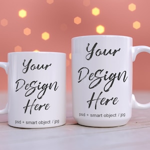 Two mug mockup 11oz and 15oz mugs mock-up, white coffee mug mockup outdoors in trees on rock, PSD with smart object, decal  DIGITAL DOWNLOAD