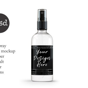K&ouml;nnte beinhalten: Ein transparentes 4-Unzen-Spr&uuml;hflaschen-Mockup mit einem schwarzen Etikett, auf dem "Your Design Here" steht.