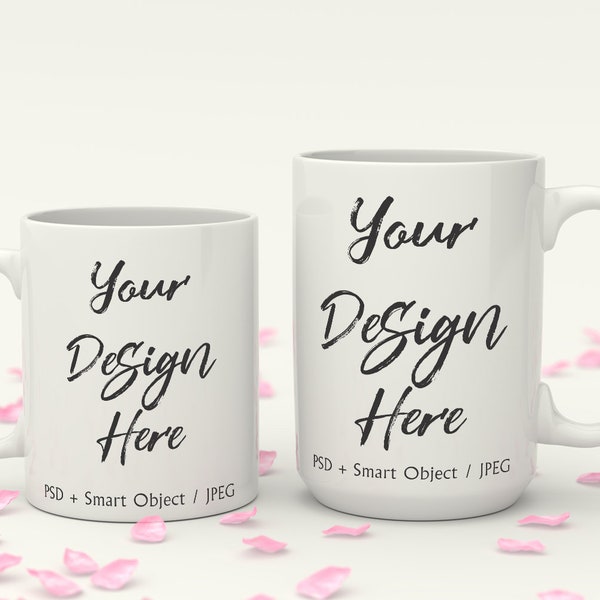 Two white coffee mug mockup, 11oz and 15oz mug mockup, sublimation mug template, coffee mug photo PSD with smart object DIGITAL DOWNLOAD