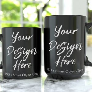 Two mug mockup 11oz and 15oz mugs mock-up, black coffee mug mockup outdoors in trees on rock, PSD with smart object, decal  DIGITAL DOWNLOAD