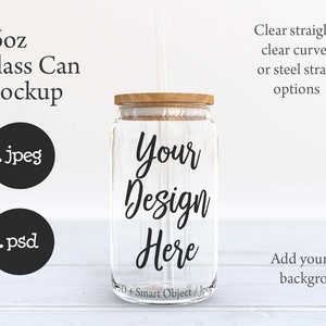 Dye sublimation 16oz clear soda can glass with bamboo lid and vaious straws mockup with transparent background option DIGITAL DOWNLOAD image 3