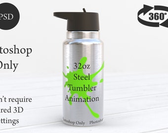 Maqueta animada de botella de agua de acero de 32 oz por sublimación de tinta, vídeo 360, animación, vídeo en bucle sin interrupciones DESCARGA DIGITAL