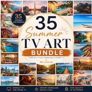 May include: A digital collection of 35 summer-themed artworks for Samsung Frame TVs, featuring a central graphic with the text 35 Summer TV ART BUNDLE, 4K, 4K ULTRA HD, and a collage of various landscape scenes including beaches, cities, and nature.