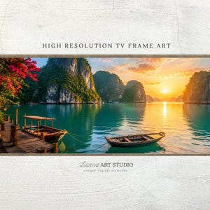 May include: A rectangular digital art print for a TV frame featuring a landscape of limestone karsts in a turquoise bay at sunset. A wooden boat is moored at a dock with pink flowers, and another boat floats on the water. Text reads HIGH RESOLUTION TV FRAME ART.