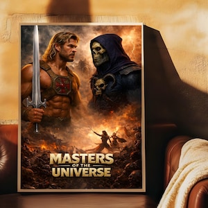 May include: A framed poster featuring characters from Masters of the Universe. The artwork depicts a muscular blond man holding a sword, facing a skeletal figure in a dark cloak. The poster has the title "Masters of the Universe" in gold lettering.