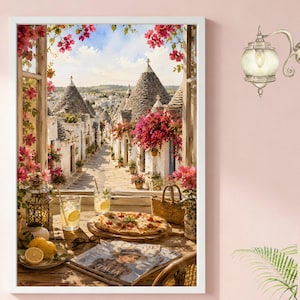 May include: A framed print of a picturesque Italian street scene, featuring traditional cone-shaped buildings. A table in the foreground displays a pizza, drinks, and a magazine. Pink flowers frame the window, adding a vibrant touch to the scene.