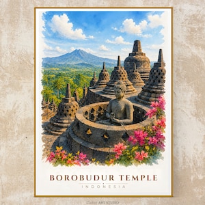 Borobudur Temple Poster | Watercolor Buddha Wall Art | Java Travel Print | Zen Spiritual Art | Printable Wall Art | Digital Download