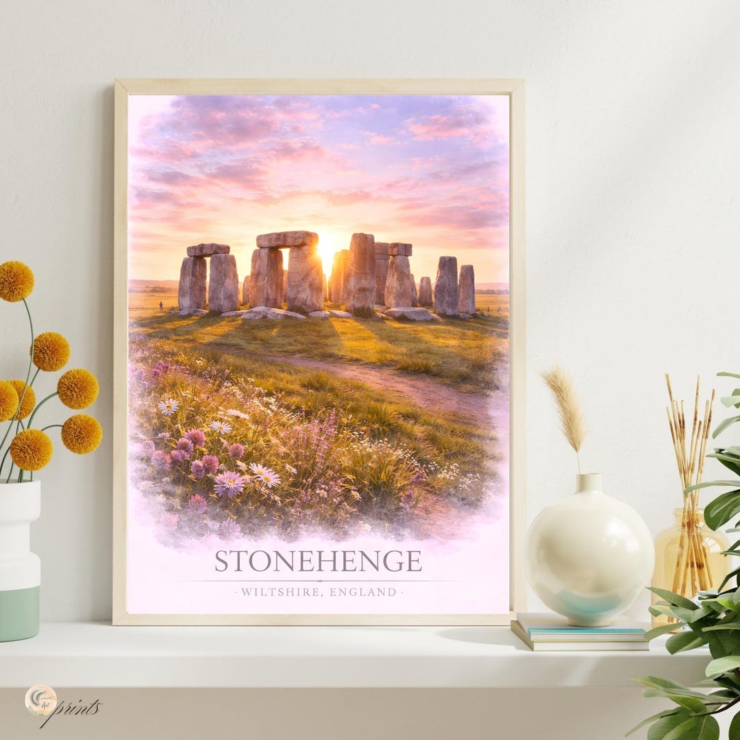 Stonehenge Print at Sunset, England Travel Poster, Watercolor Landscape ...