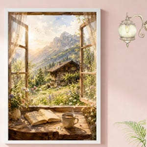 May include: A framed watercolor painting depicts a scenic view through an open window. The window reveals a mountain landscape with a stone house, wildflowers, and a book and coffee cup on a wooden table. The painting is framed in white.