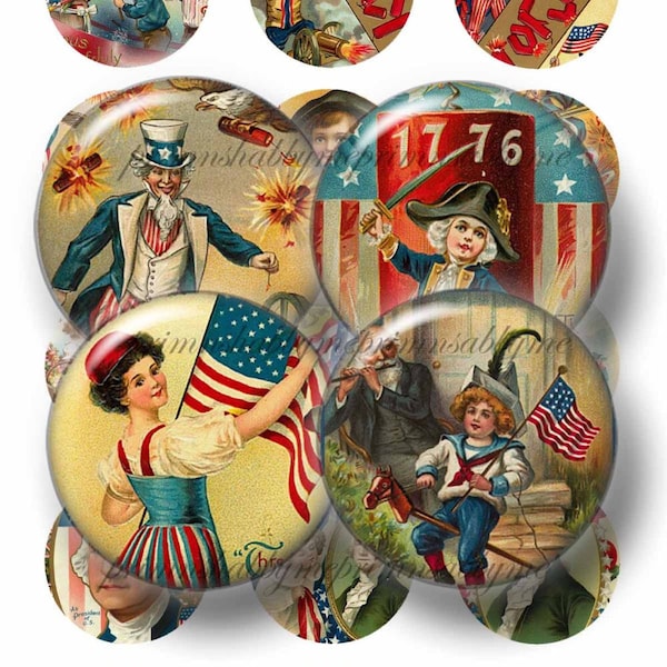 5 Vintage Patriotic, July 4th, 1 Inch Circles, Bottle Cap Images, Digital Collage Sheet, Digital Download, Americana, Images For Cabochons