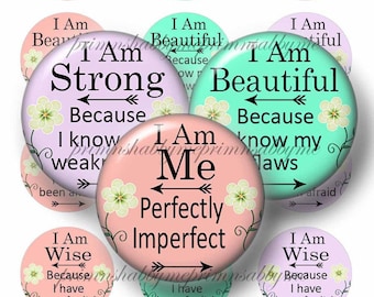 Inspirational Sayings, Bottle Cap Images, Digital Collage Sheets, 1 Inch Circle, Perfectly Imperfect, For Magnets, Pendants, Cabochons No.1