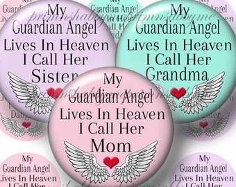 Guardian Angel In Heaven, 1 Inch Round, Bottle Cap Images, Digital Collage Sheet, In Memory Of, Mom, Sister, Daughter, Grandma, Wife