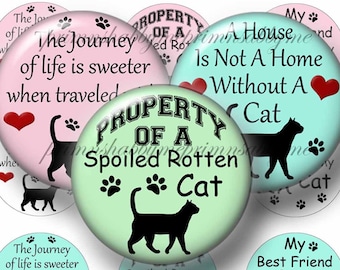 Cats, 1 Inch Circles, Bottle Cap Images, Collage Sheet, Sayings, Quotes, Instant Digital Download, Animals, Pets, Images For Cabochons  20-1