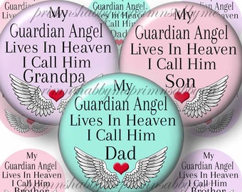 Guardian Angel In Heaven, 1 Inch Round, Bottle Cap Images, Instant Download, Digital Collage Sheet, In Memory Of, Dad, Grandpa, Son, Brother