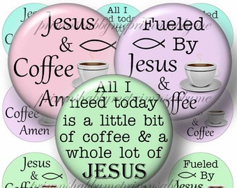 Jesus And Coffee, Digital Collage sheet, Bottle Cap Images, 1 Inch circle, Christian, Instant Digital Download, Religious, Crafts, Jewelry