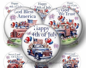 Patriotic, Vintage Truck, American Flag, July 4th, 1 Inch Circle, Round, Bottle Cap Images, Digital Collage Sheet, Images For Cabochons