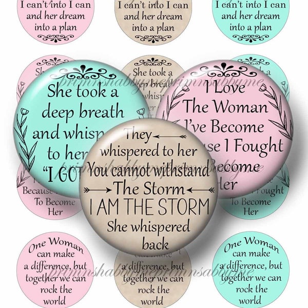 Strong Woman, Quotes, 1 inch Circles, Sayings, Bottle Cap Images, Digital Collage Sheet, Instant Download, Images for cabochons, Crafts #3