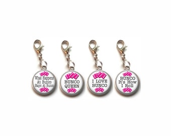 Bunco, Clip On Charms, 20mm Round Charms, Party Favors, Game Prizes, Gifts, Funny Sayings, Lobster Claw Clasp