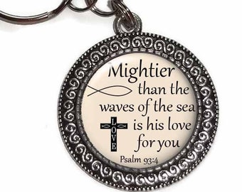 Key Chain, Christian, Mightier Than The Waves Of The Sea, Religious, Key Ring, Zipper Pull, Purse Charm, Bible Verse, Scripture, Psalm 93:4