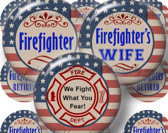 Firefighter, 1 Inch Circles, Digital Collage Sheet, Bottle Cap Images, Printable Instant Download, Vintage Flag Design