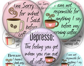 Coffee, Bottle Cap Images, 1 Inch Circles, 2, Digital Collage Sheets, Printable, Funny Sayings, Quotes, For Cabochons, Pendants, Crafts #1