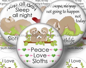 Sloths, 1 Inch Circles, Digital Collage Sheet, Bottle Cap Images, Printable, Instant Download, Images For Cabochons, Crafts, Funny Sayings