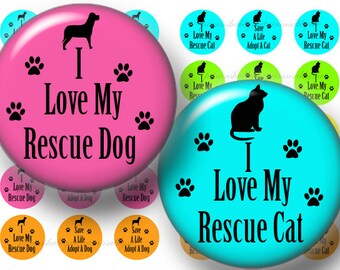 2 Digital Collage Sheets, Rescue DOG AND CAT, Bottle Cap Images, 1 inch Circles, Instant Download, Printable Collage Art Sheets,