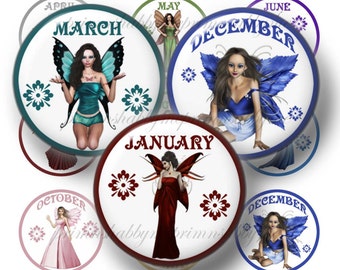 Birthstone Fairy, Bottle Cap Images, 1 inch Circle, Digital Collage Sheet, Instant Digital Download, Birthday, Cupcake Toppers, Pendants