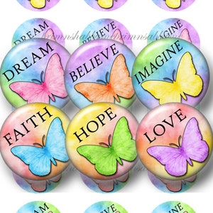 2 Digital Collage Sheets, Inspirational Sayings, Bottle Cap Images, 1 Inch Circles, Butterflies, Instant Digital Download, Printable,