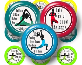 Yoga, Bottle Cap Images, Digital Download, 1" Circles, Yoga Sayings, Yoga Poses, 2 Digital Collage Sheets, Pendant, cabochon, Printable,