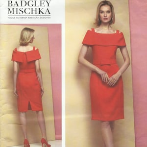 May include: A red dress with a square neckline and short sleeves. The dress has a fitted bodice and a slightly flared skirt. The dress is belted at the waist. The dress is shown on a model with blonde hair and red shoes. The pattern number is V1624 and the size is E5 (14-16-18-20-22).