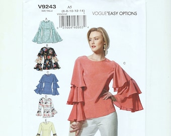 Vogue Easy Top Sewing Pattern, Vogue V9243, Sizes 6 to 14, Bust 30 1/2 to 36 inches, Factory Folded, UNCUT