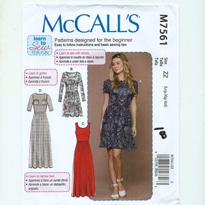May include: McCall's sewing pattern M7561 for sizes Lrg-Xlg-Xxl. The pattern includes instructions for making a dress with stripes, a gathered dress, and a dress with a narrow hem. The pattern is designed for beginners and includes easy-to-follow instructions.