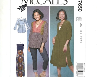 Misses Top, Tunic, Dresses Sewing Pattern, McCalls M7650, Sizes 6 to 14, Uncut Pattern