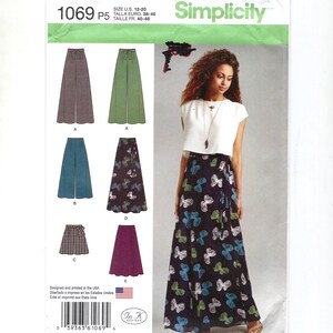 May include: Simplicity sewing pattern 1069 P5 featuring various skirt and pants designs. The pattern includes options for wide-leg pants, a wrap skirt with a butterfly print, and a shorter skirt. Size range: U.S. 12-20.