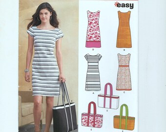 Misses Dress and Tote Bag Sewing Pattern, New Look 6095, Sizes 10 to 22, Bust 32 1/2 to 44 inches, Factory Folded, Uncut