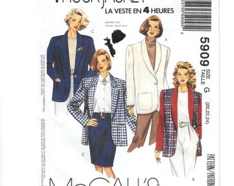 McCall's 5909 Ladies' Jacket Lined or Unlined Sewing Pattern: Sizes 20 to 24