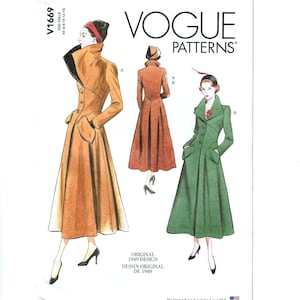 May include: Vogue Patterns sewing pattern V1669. The illustration shows three long coats in shades of brown and green. The pattern includes the text "ORIGINAL 1949 DESIGN" and "VOGUE PATTERNS".