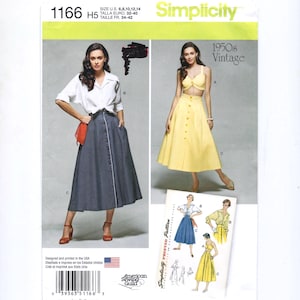 May include: Simplicity sewing pattern 1166, featuring vintage 1950s designs. The pattern includes options for a button-down skirt, a crop top, and a halter dress. The size range is U.S. sizes 6, 8, 10, 12, and 14.