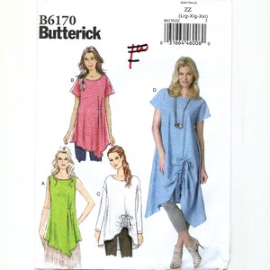 May include: A sewing pattern by Butterick, B6170, featuring four tunic designs. The illustrations show tunics in various colors, including pink, green, white, and blue. The pattern includes sizes Lrg-Xlg-Xxl.