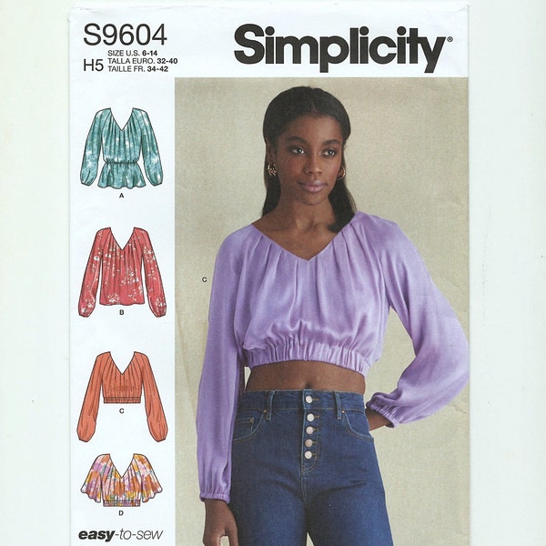 Misses Peasant Style Blouses, Easy Simplicity S9604, Makes in Sizes 6-14, Bust 30 1/2 to 36 inches, Dated 2022, Factory Folded, Uncut